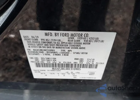 2019 Ford Ecosport Titanium из США, поврежденный, VIN MAJ6S3KLXKC310905